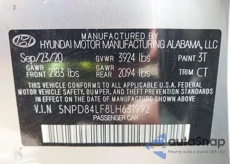 2020 Hyundai Elantra Sel/Value/Limited z USA, uszkodzony, nr VIN 5NPD84LF8LH631992